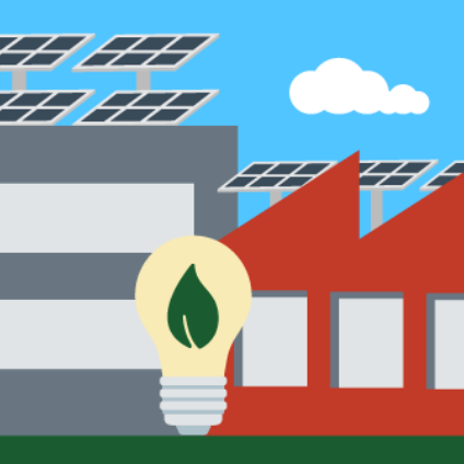bike rider passing building with solar panels and wind turbines